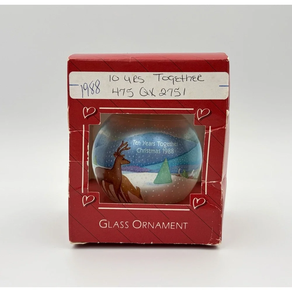 Vintage 1988 Ten Years Together Deer Hallmark Keepsake Glass Ornament In Box